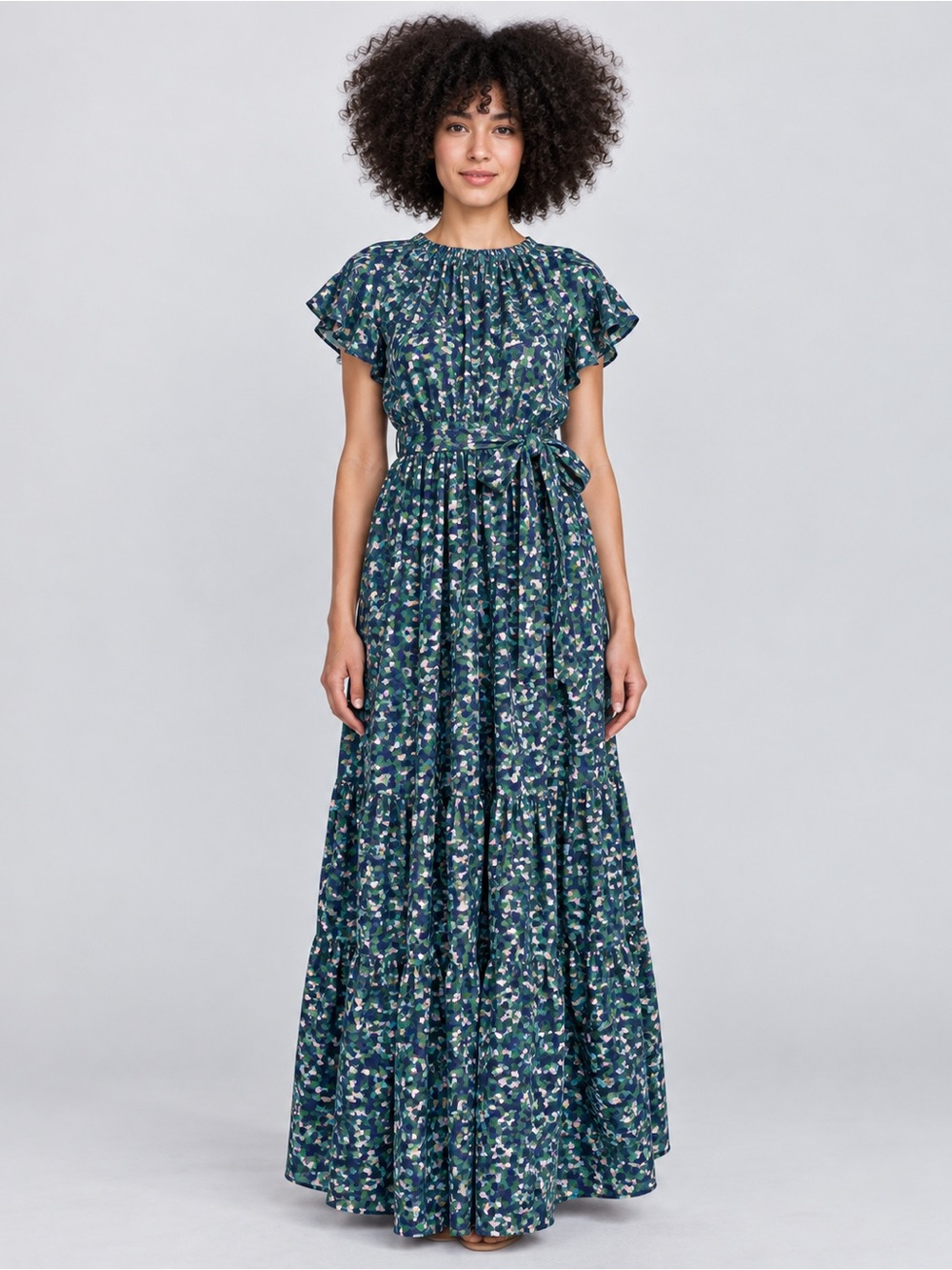 MIRTH Vienna Maxi Dress Green Floral Cotton Silk Belted Size S